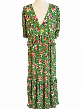 Boden Green Floral Midi Dress V Neck Ruffle Waist Short Sleeve Size US 16R